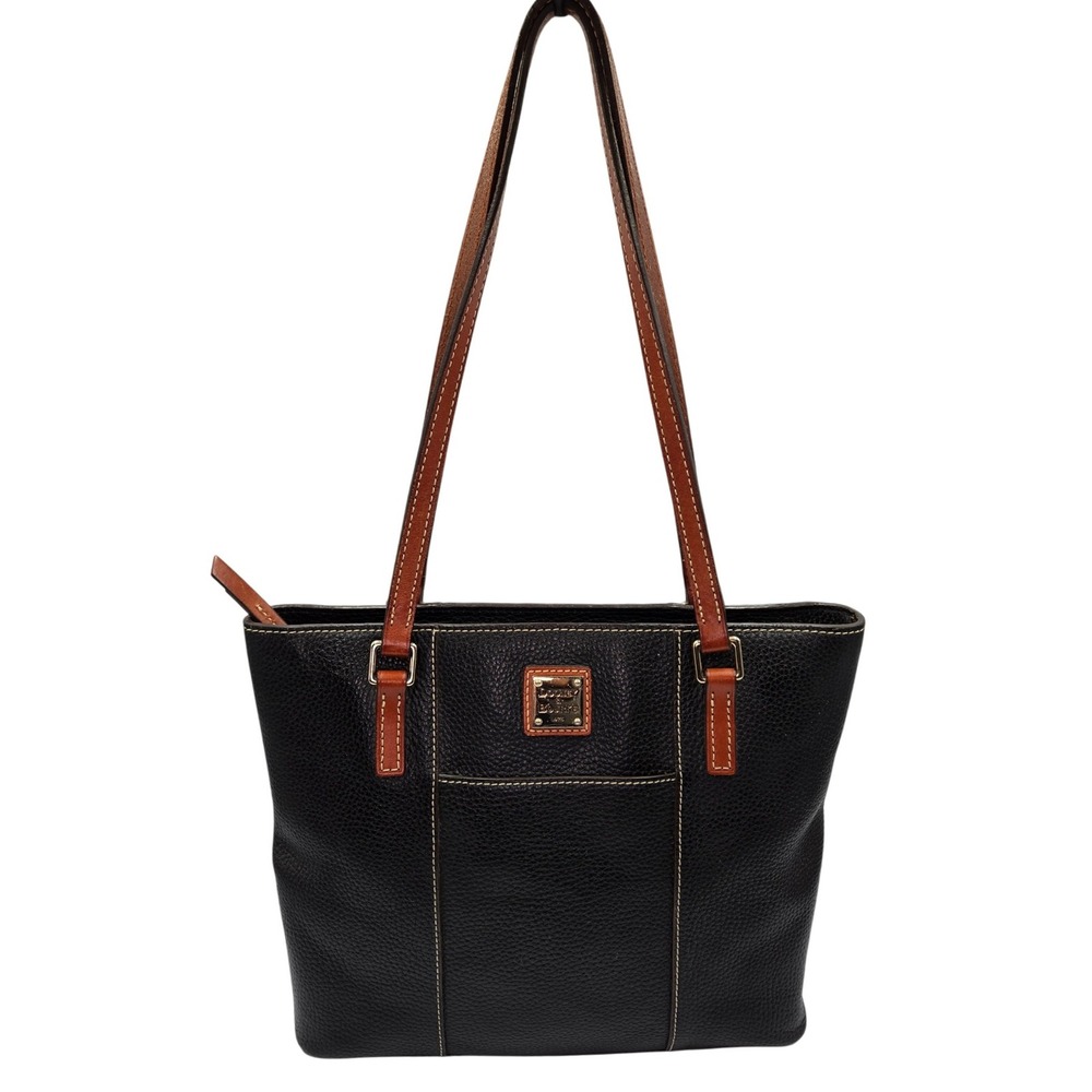 Dooney & Bourke Black Pebble Leather Tote Bag Shoulder Bag‎ Purse Tan Accents